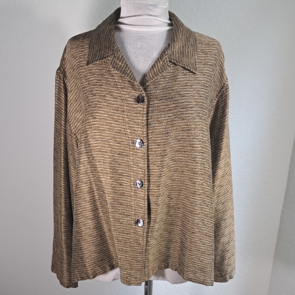 Chico’s Design Vintage Jacket Boxy Shirt Brown XL Jacquard Textured Knit Collar